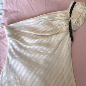 SOLD -  Bebe silk one sleeve top with braided leather trim